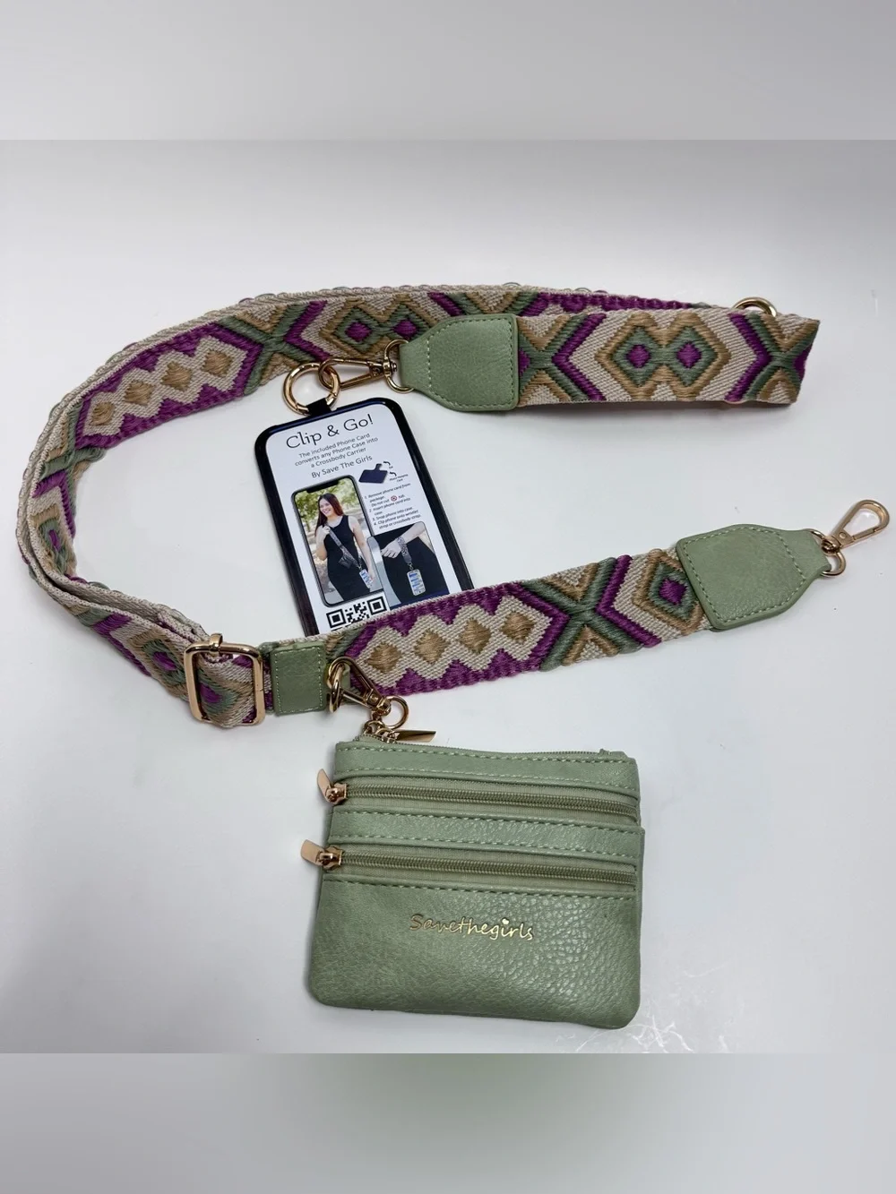 Save The Girls Clip & Go Sage Lilac Phone Strap Triple Zip Pouch NWT